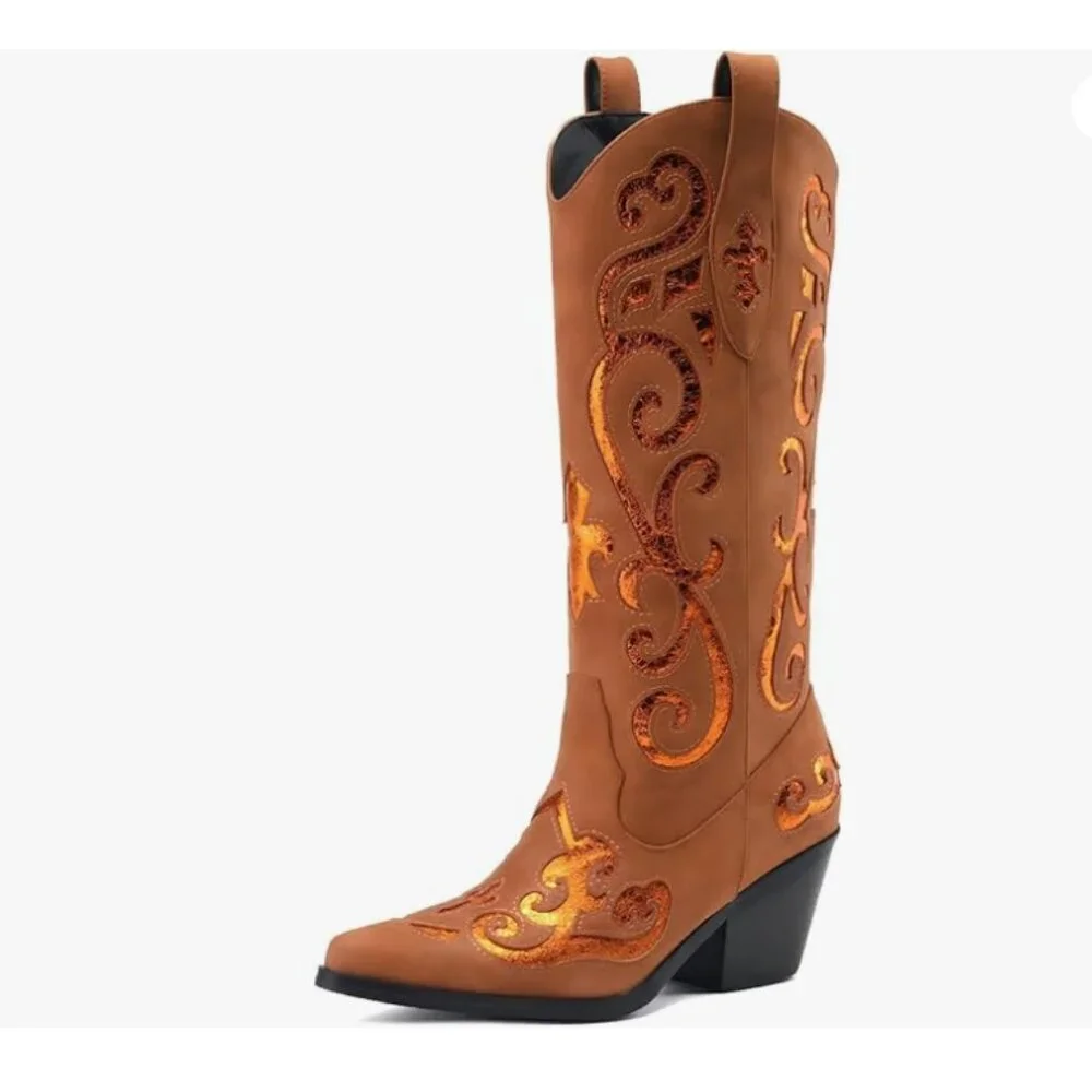 Cowgirl Mid Calf Floral Embroidery Pointed Toe Chunky Boots